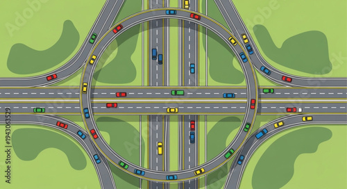 Aerial View of a Complex Highway Interchange with Traffic.