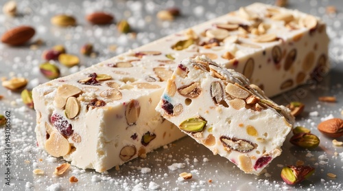 White nougat with almond and pistachio nuts on grey background. Delicious traditional Italian dessert bar. Sweet confectionery snack for holiday celebration and gourmet sugar treat.