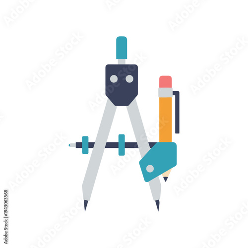 Geometric drawing tools, compass and pencil on white background, education and design elements, creative stationery
