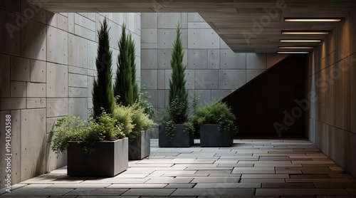 Modern courtyard with concrete walls and ornamental evergreen trees in square planters. Minimalist architecture and landscape design. Contemporary patio space with shadows and lighting.