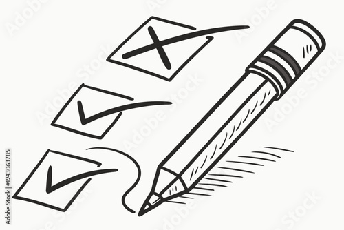 A simple black and white illustration of a pencil checking boxes