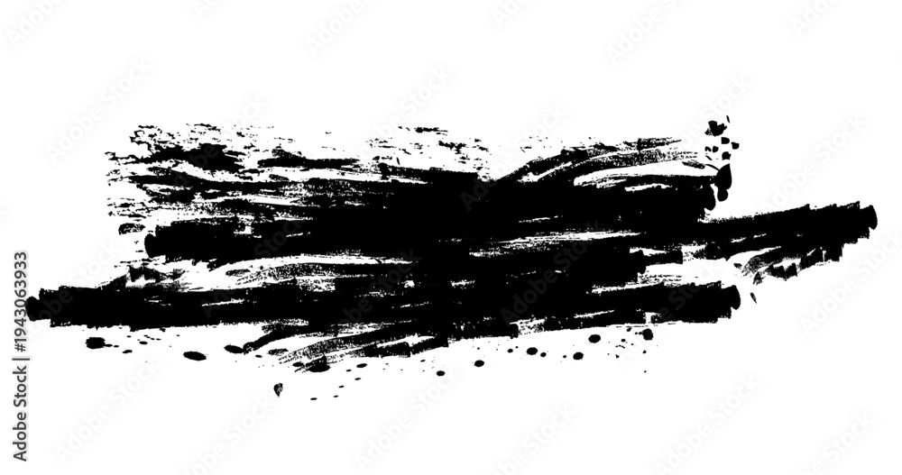 Obraz premium Hand drawn black Ink brushstroke and paintbrush template with splashes grunge isolated on transparent background. Detailed paint splashes. Grungy stripes pattern. Vector PNG