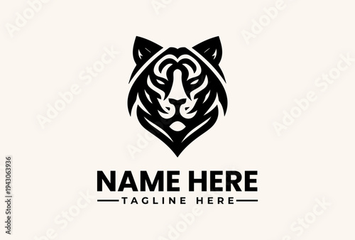 A black and white illustration of a stylized tiger's head logo with a customizable name and tagline on a clean background.