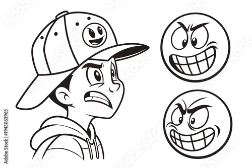 A black and white illustration of a boy with different emotive facial expressions.