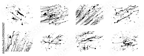 Hand drawn black vector grunge textures pack isolated on transparent background. Detailed paint splashes. Grungy stripes patterns. Vector PNG