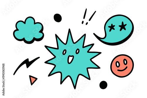 A colorful cartoon illustration of various emotive shapes and symbols on a white background