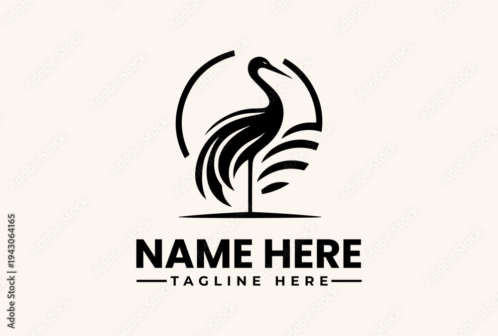 Fototapeta premium A black logo featuring a stylized bird within a circle, accompanied by placeholder text for a name and tagline on a beige background, presented in a vector illustration style.