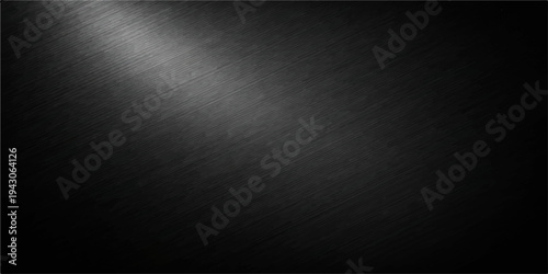 A dark black grunge metal plate texture background with a vintage steel pattern and light reflecting on a blank weathered gray concrete surface