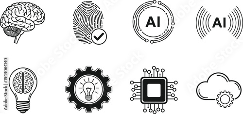 Artificial intelligence icon set with brain and fingerprint, technology circuit symbols, cad drawing flat vector illustration for machine learning software