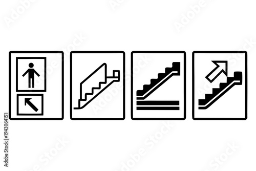 A set of four black and white icons depicting different types of stairway signs