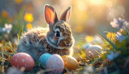 Cute Easter bunny rabbit with colorful eggs in a sunny spring meadow.