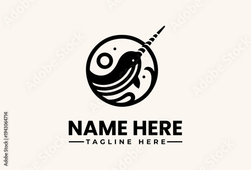A black and white vector illustration of a bird logo with a circular design and text placeholder on a clean background.
