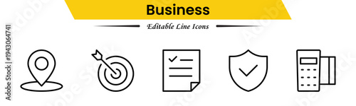 Business icons depicting strategy, management, teamwork, meetings, planning, charts, reports, growth, goals, productivity, leadership, collaboration, finance, and organization.