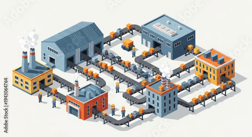 Isometric Factory Buildings and Machinery.