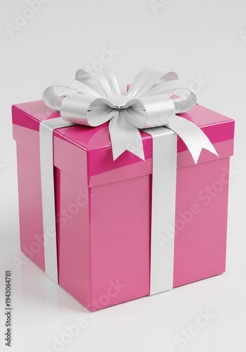 Square magenta present box adorned with a wide silver ribbon and a large symmetrical bow sits on a reflective light surface