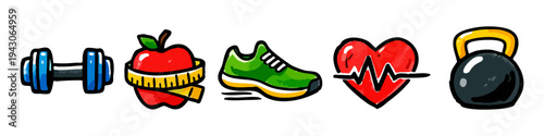 Hand-drawn fitness icon set featuring a dumbbell, apple with measuring tape, running shoe, heart with pulse line, and kettlebell. Vibrant doodle style for health, diet, and exercise themes.