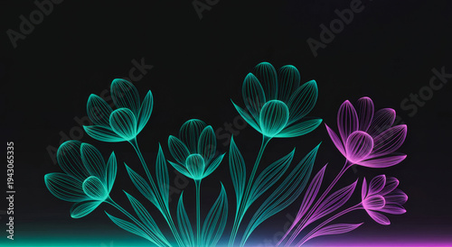 Abstract wallpaper background with large flowers isolated in neon purple and turquoise colors on a black background with copy space.