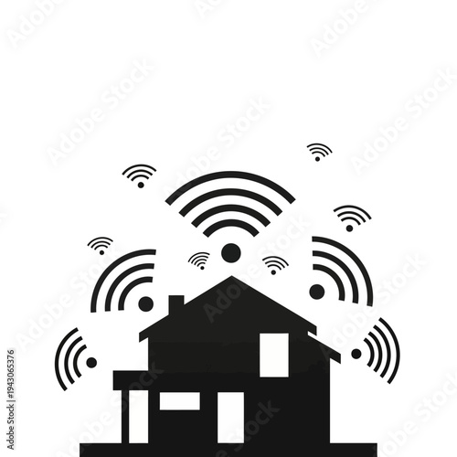 A black silhouette of a house with Wi-Fi signals all around it