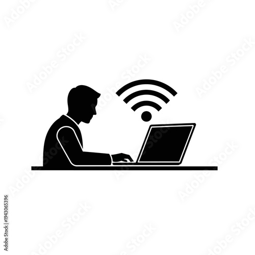 A man sitting at a laptop with a WiFi signal above