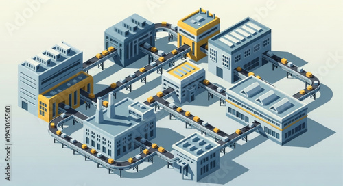 Isometric Factory Buildings with Conveyor Belts.