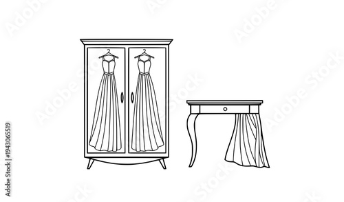 Dress-inspired wardrobe and dressing table vector furniture black and white line art