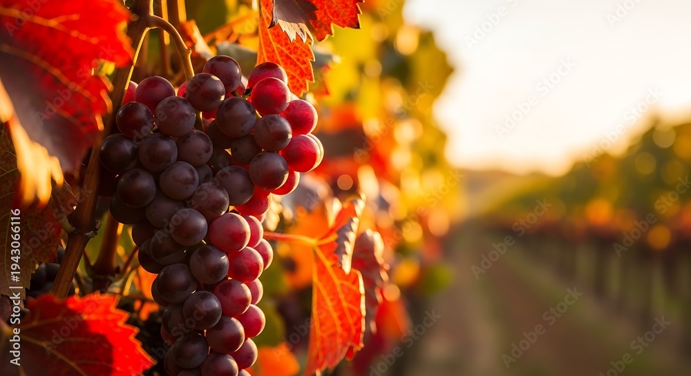 Fototapeta premium Ripe Red Grapes Growing in Sunlit Vineyard