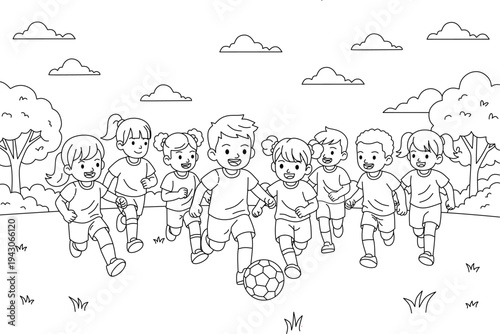 Black and white image capturing kids playing soccer under the sun, perfect for sports publications, websites, and educational materials.