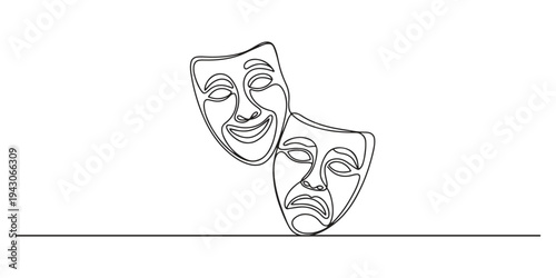 Continuous one line drawing of comedy and tragedy theatrical masks, a minimalist vector illustration for art and drama concepts