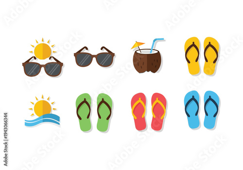 Summer beach flat icons sunglasses coconut flip flops vacation