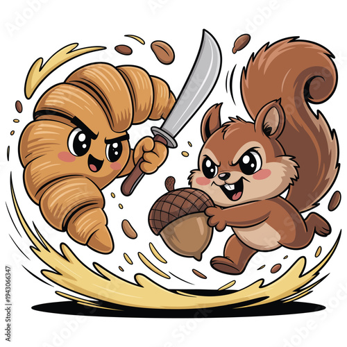 Funny battle scene croissant versus squirrel, croissant wielding knife, squirrel holding acorn, energetic action with food and animal fight