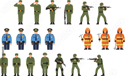 Flat military, police, and firefighter characters set with soldiers saluting, holding rifles, police officers in uniform, and firemen with axes for service design