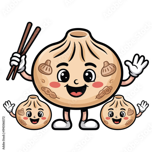 Joyful dim sum character with chopsticks and two mini dumplings, happy food illustration, chinese cuisine culture, cute dumpling family