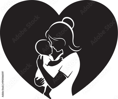 Mother holding baby in heart love silhouette illustration