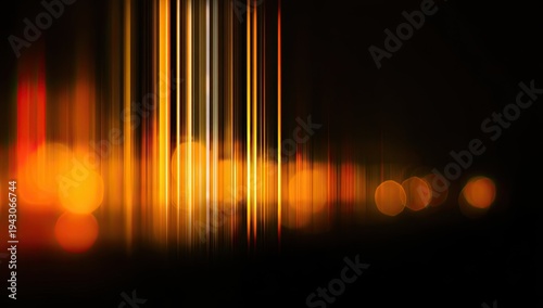 Abstract Golden Light Streaks and Bokeh Effect on Black Background.