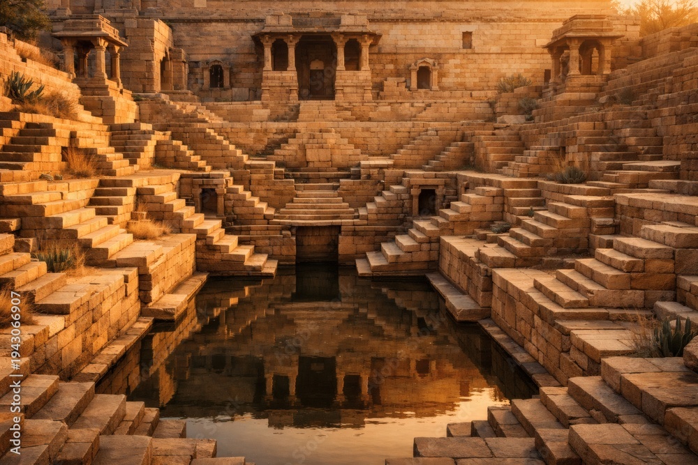Naklejka premium Golden sunrise illuminating terraced stepwell geometry with soft reflections, ancient Gujarati stone architecture surrounded by desert plants and calm atmosphere