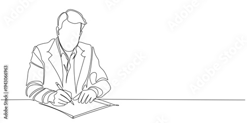 Line art illustration of a Bussinesman writing on a paper documens. Vector eps