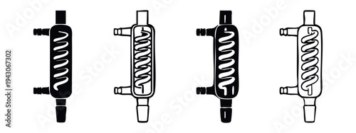 Dimroth Condenser Laboratory Glassware Icons Set. Chemical Lab Reflux Apparatus Vector Illustration.
