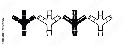 Laboratory 3-Way Adapter or Multiple Branch Glassware Icons. Chemical Lab Manifold Vector Set.