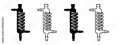 Liebig Condenser or Coil Condenser Laboratory Glassware Icons Set. Chemical Lab Distillation Apparatus Vector.