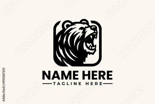 Black and white illustration of a bear's head in a square frame with rounded corners, accompanied by placeholder text for a name and tagline on a plain beige background.