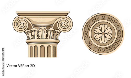 Ancient Greek Ionic Column Capital and Circular Rosette Ornament
