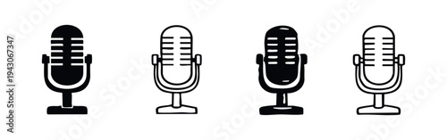 Retro Microphone Icon Set in Hand Drawn Style, Black and White Vector Illustration.
