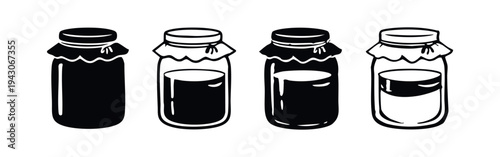 Hand Drawn Beverage or Jar Icon Set with Covered Lids, Minimalist Drink Symbols.