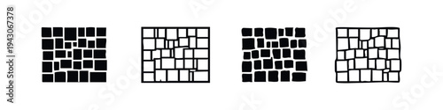 Abstract Rectangular Pattern Icon Set in Hand Drawn Style, Black and White Design Element.
