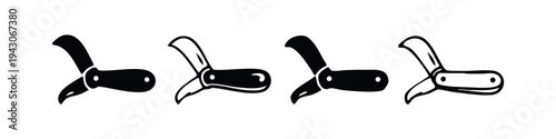 Hand Drawn Folding Utility Knife Icon Set, Curved Blade Tool Symbols.