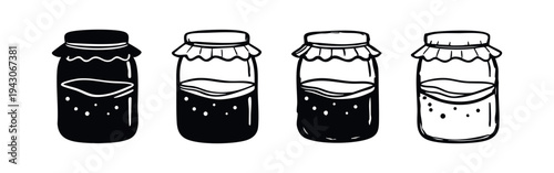 Hand Drawn Jar of Jam or Beverage Icon Set, Rustic Food and Drink Symbol.