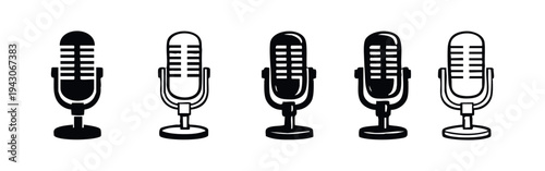 Retro Vintage Studio Microphone Vector Icons Set. Classic Broadcasting and Music Device.