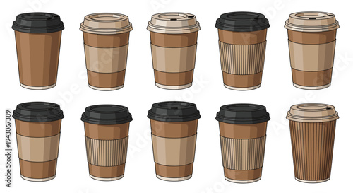 Collection of ten disposable coffee cups in different shades of brown with black and tan lids, featuring various protective sleeves.