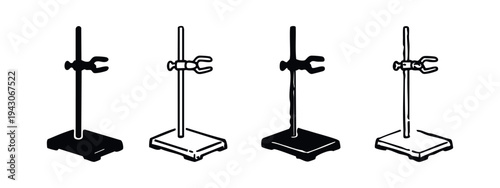 Laboratory retort stand with clamp icons set, black and white, hand-drawn style