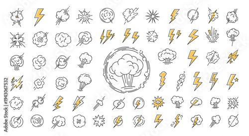 Comprehensive collection of comic book style explosion effects lightning bolts and smoke clouds for dynamic action scenes and design.